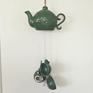 Ceramic teapot and cups wind chime in forest green